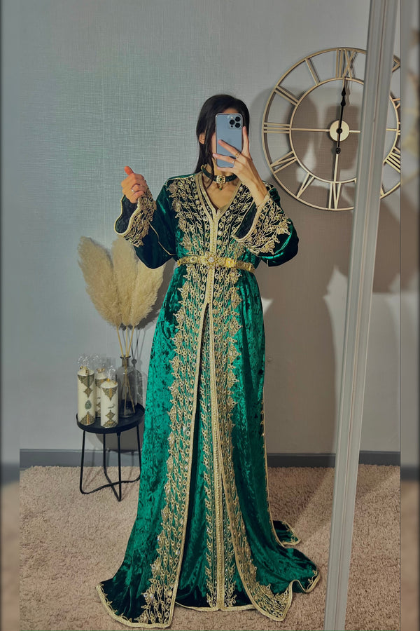 Caftan simple marocain vert "Lala Salma"